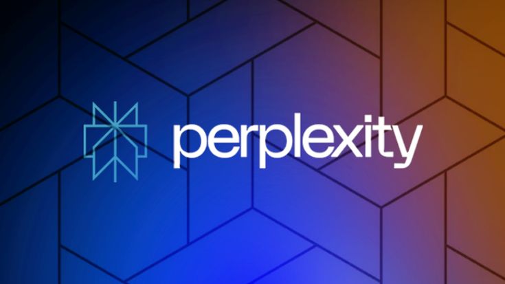 Logo of Perplexity AI displayed on a geometric blue-to-purple gradient background, with a minimalist star-like icon on the left and the word "perplexity" in lowercase white font on the right.