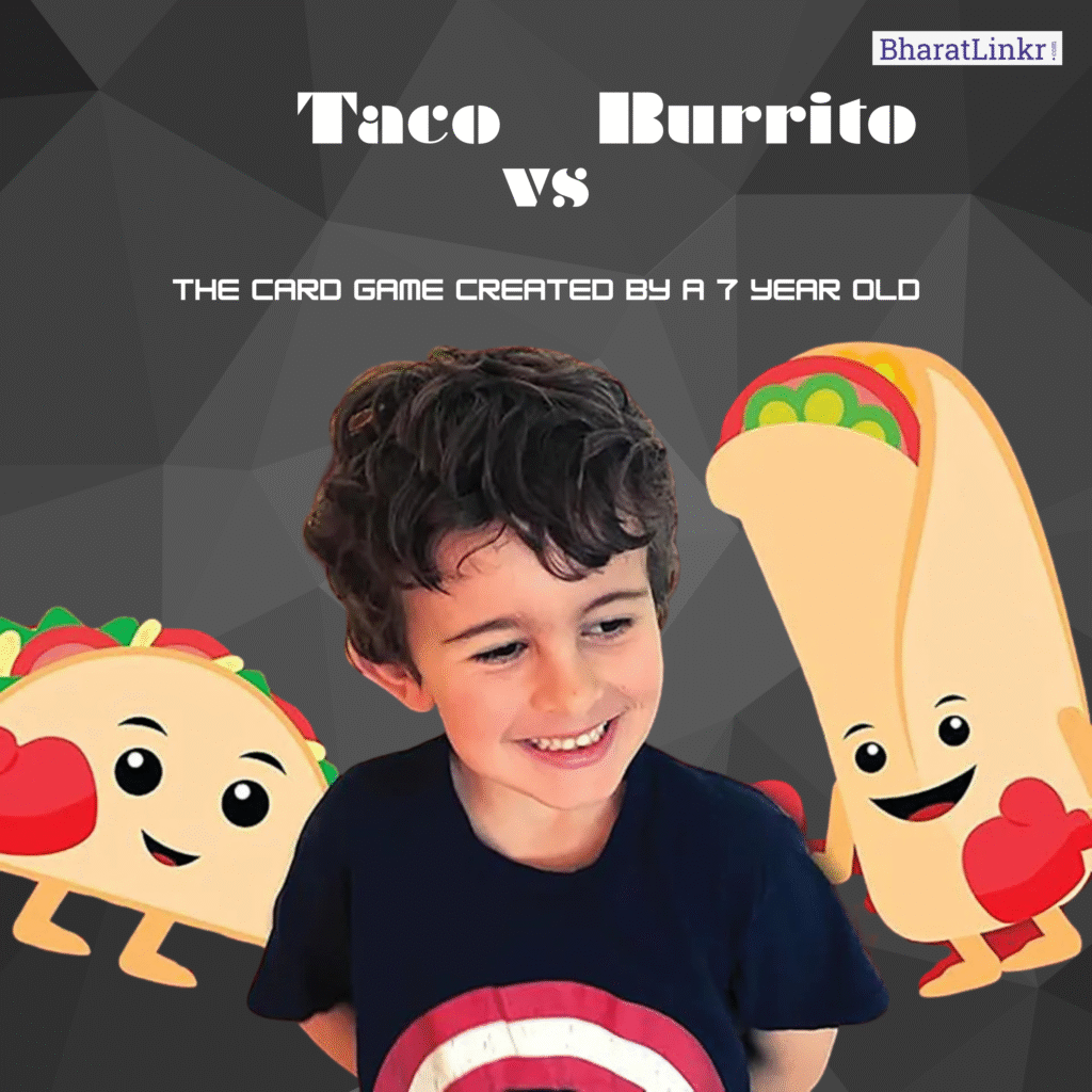 Smiling young boy in front of animated taco and burrito characters, with the text “Taco vs Burrito – The card game created by a 7-year-old” on a dark geometric background.