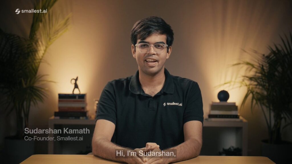 Sudarshan Kamath, Co-Founder of Smallest AI, speaking in an official company video about AI innovation and enterprise communication solutions.