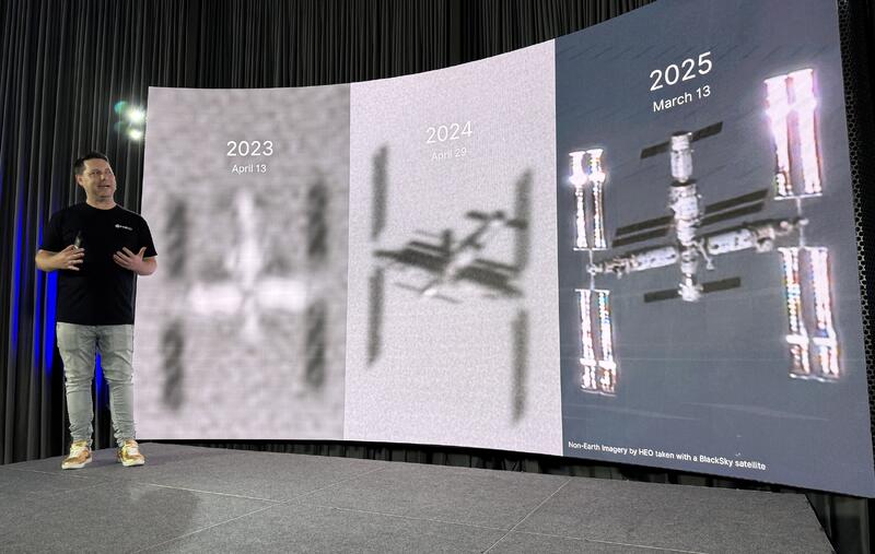 Presenter showing OrbitAID Aerospace’s docking and refueling system roadmap with visuals from 2023 to 2025.