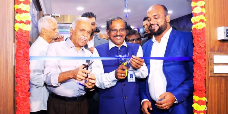 Leaders inaugurating OrbitAID Aerospace’s new R&D centre in Bengaluru with a ribbon-cutting ceremony.