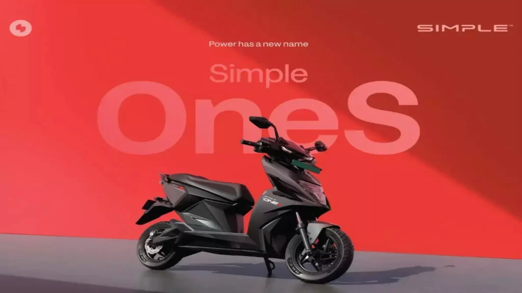 Black Simple OneS electric scooter displayed against a bold red backdrop.