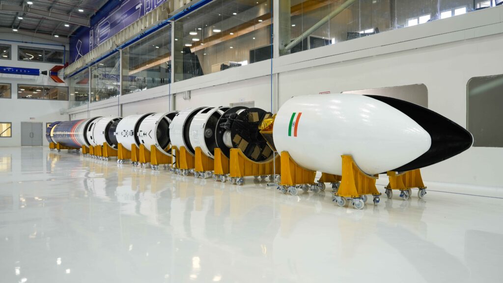 Skyroot Aerospace’s Vikram rocket stages lined up inside the company’s integration facility in Hyderabad, India, showcasing India’s growing private space manufacturing capability.