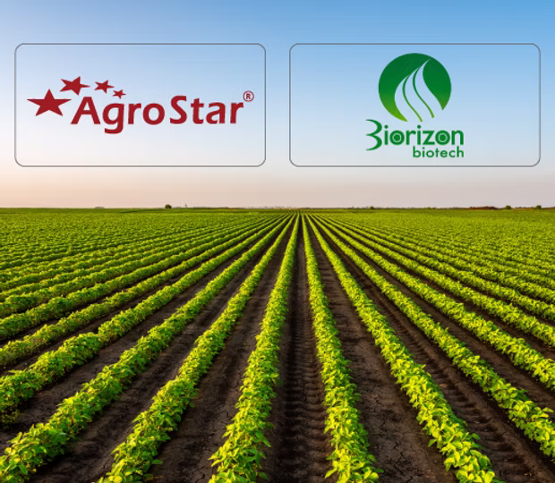 Logos of AgroStar and Biorizon Biotech displayed above a wide green farmland.