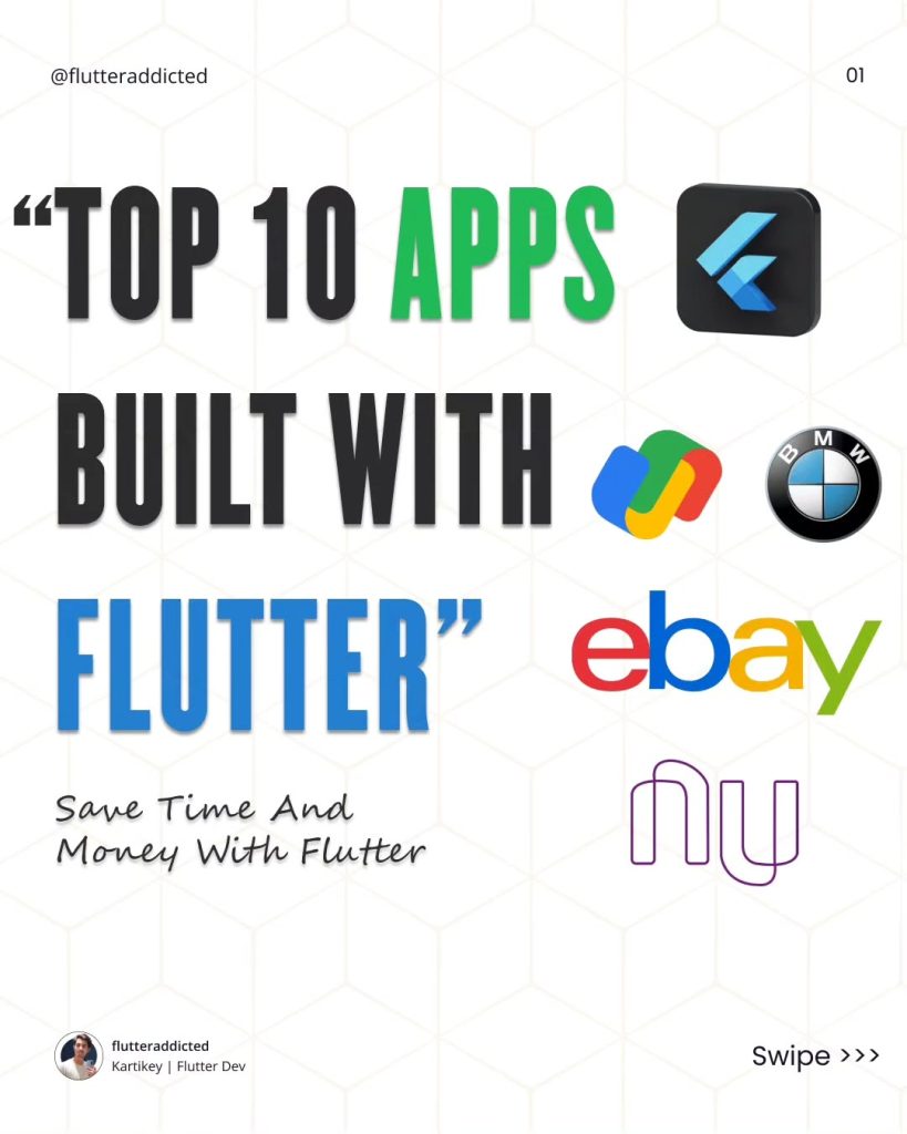 Graphic showing the text “Top 10 apps built with Flutter” with logos of Flutter, Google Pay, BMW, eBay, and Nubank.