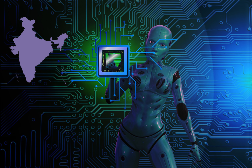 A humanoid robot touching a glowing microchip graphic on a digital circuit board background with a map of India on the left.