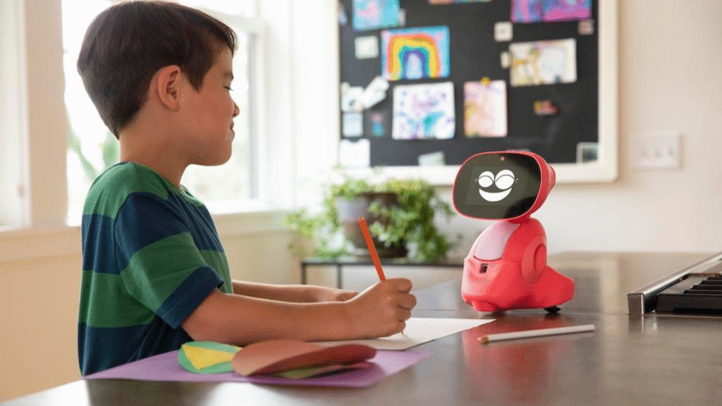 Child using a Miko AI robot companion on a table, as Indian robotics startup Miko secures $155 million funding.