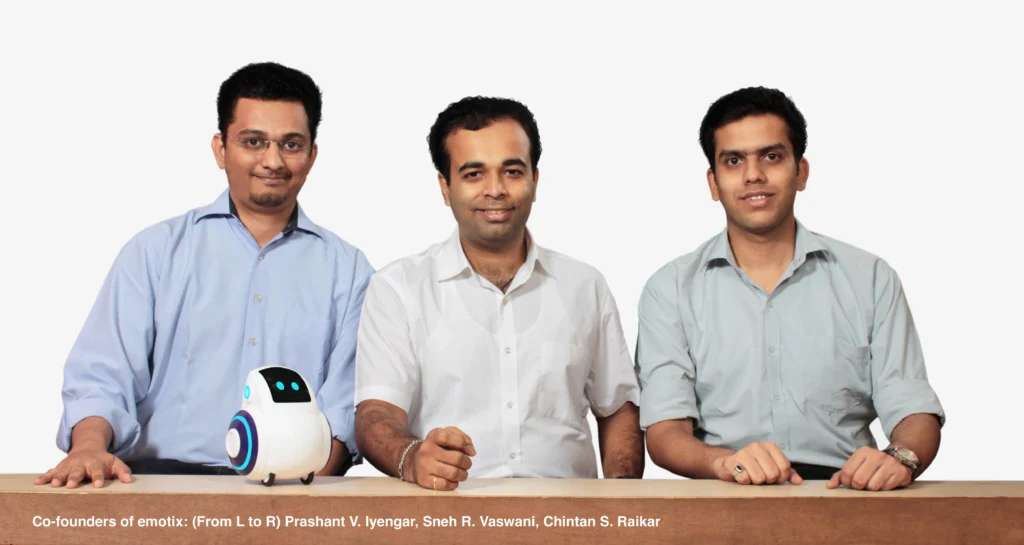 Miko co-founders Prashant Iyengar, Sneh Vaswani, and Chintan Raikar with their AI-powered educational robot designed for children’s learning and interaction.
