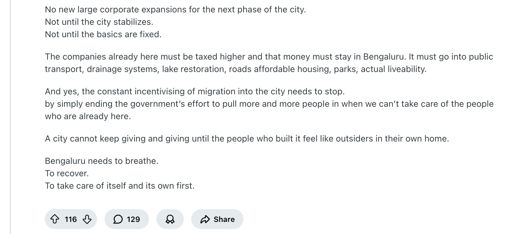 Screenshot of a Reddit post calling for Bengaluru to pause corporate expansion, redirect tax funds toward infrastructure, and prioritize livability before inviting more people.
