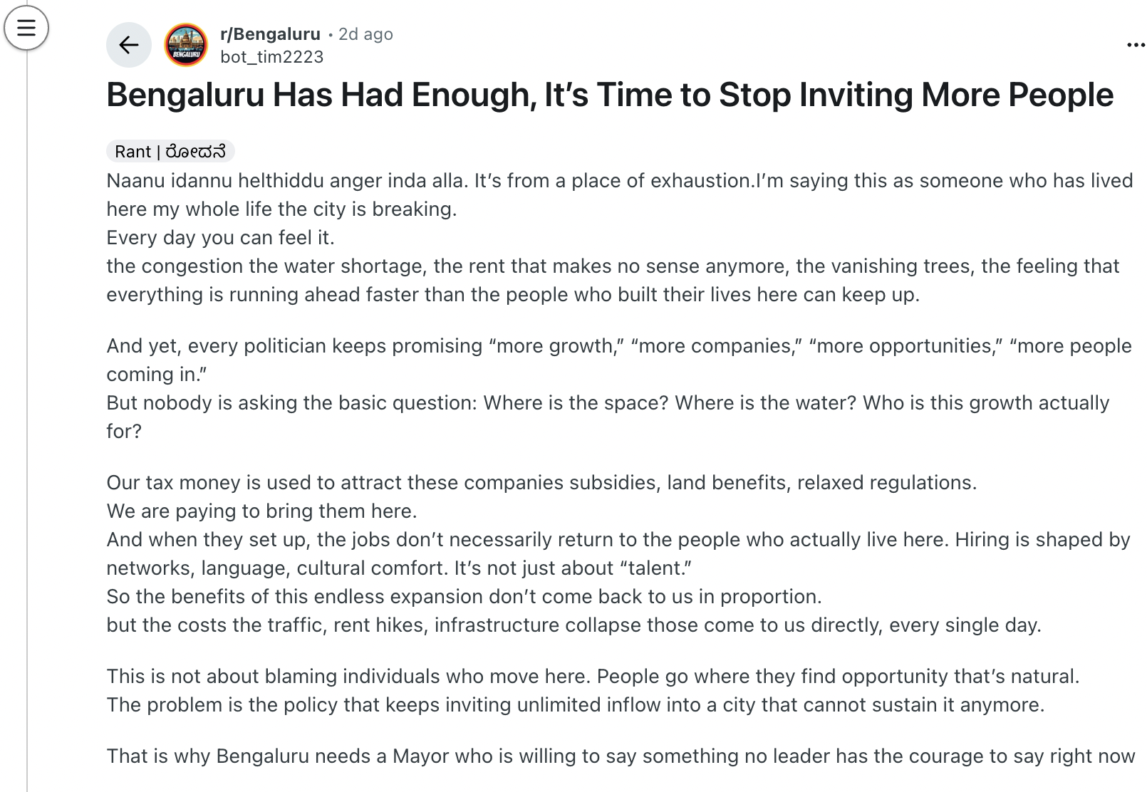 Screenshot of a Reddit post titled “Bengaluru Has Had Enough, It’s Time to Stop Inviting More People,” where a resident expresses frustration over Bengaluru’s overpopulation, rising costs, and poor infrastructure.